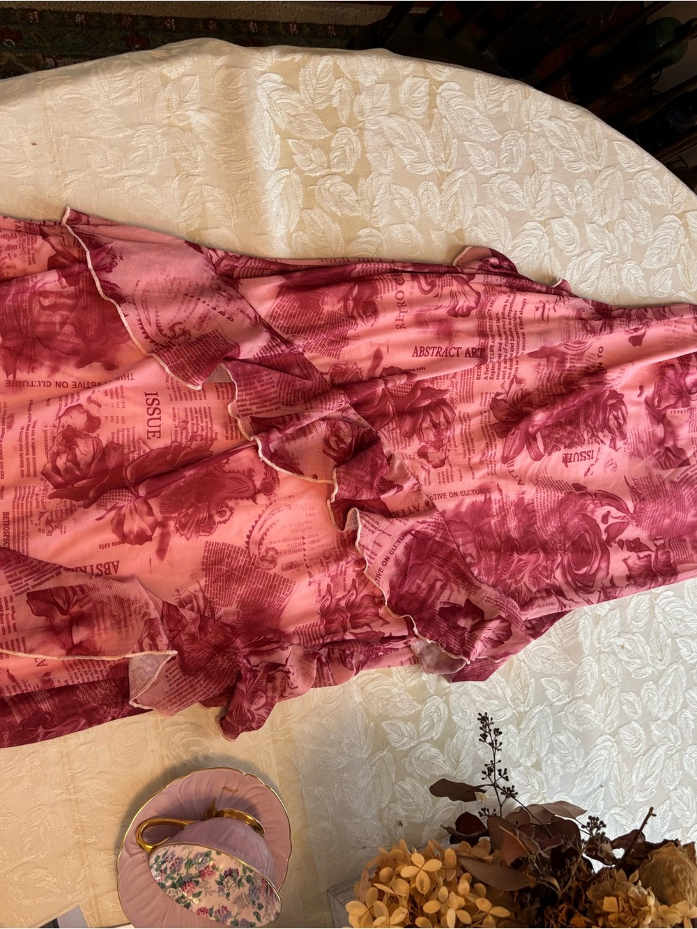 Pink Ruffled Floral & Newspaper Print Maxi Skirt